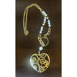 Gorgeous Long Faux Pearl & Filigree Big HEART Necklace Pendant Gold Brass Plated